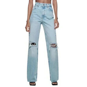 Zara High Wide  Leg Waist Ripped Distressed Jeans Light Wash Raw Hem Size 2